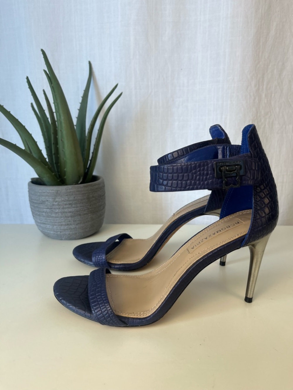 BCBGMaxAzria Navy Faux-Croc Ankle-Strap Stiletto Sandals